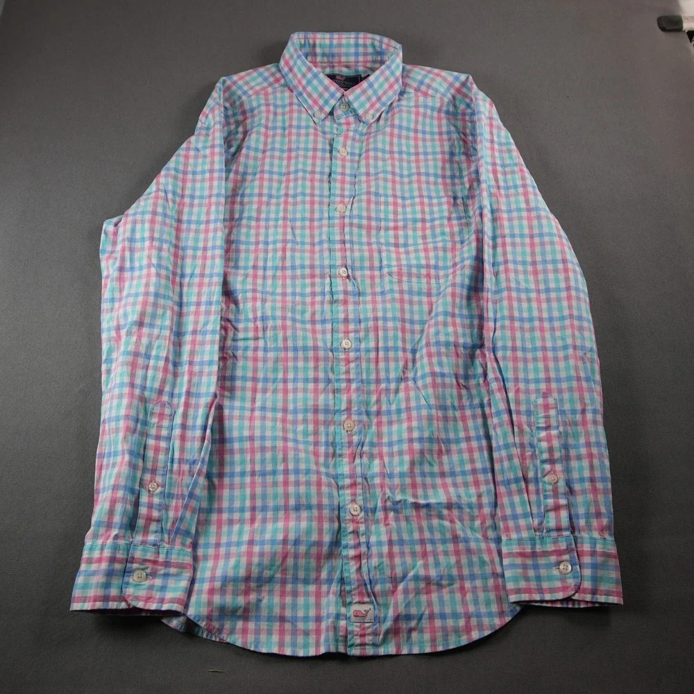Vineyard Vines Classic Fit Murray Gingham Stretch Men Shirt M Pink Work Bissness
